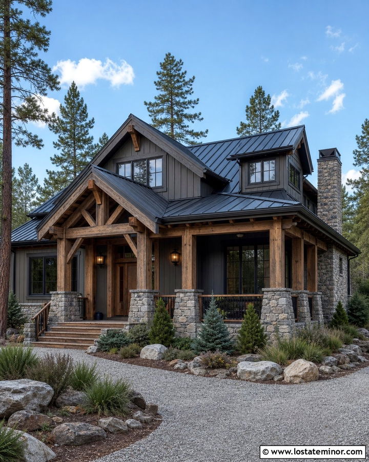 Charcoal Gray Rustic House With Timber Porch Columns - 30 Charcoal Grey House Design With Porch Columns Ideas