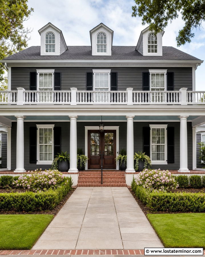 Charcoal Gray Southern House With Double White Columns - 30 Charcoal Grey House Design With Porch Columns Ideas