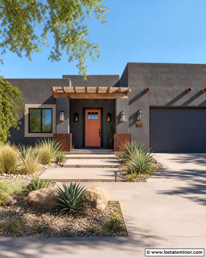 Charcoal Gray Southwest House With Terracotta Front Door - 30 Charcoal Grey House Design With Front Door Ideas