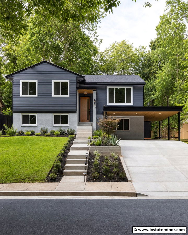 Charcoal Gray Split Level House With Carport - 30 Charcoal Grey House Design With Carport Ideas