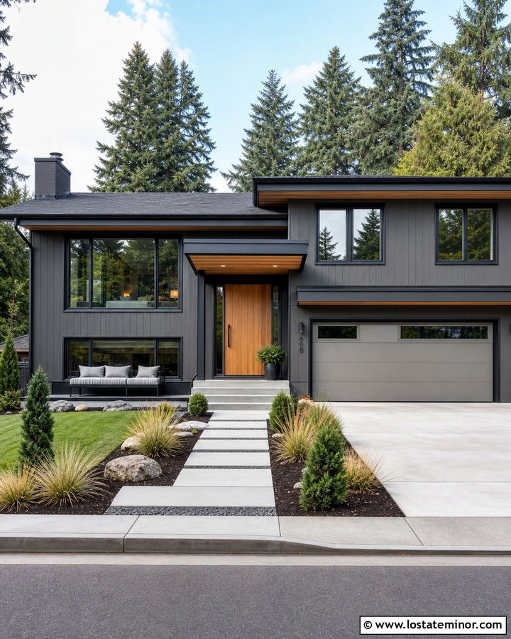 Charcoal Gray Split Level With Black Daybed - 30 Charcoal Grey House Design With Daybed Ideas