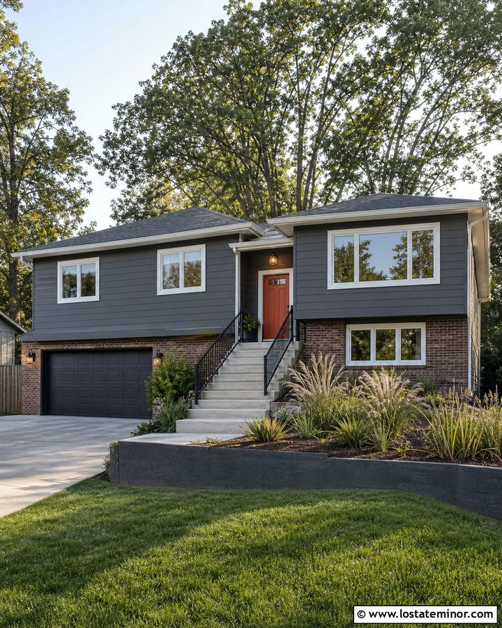 Charcoal Gray Split Level With Burnt Orange Front Door - 30 Charcoal Grey House Design With Front Door Ideas