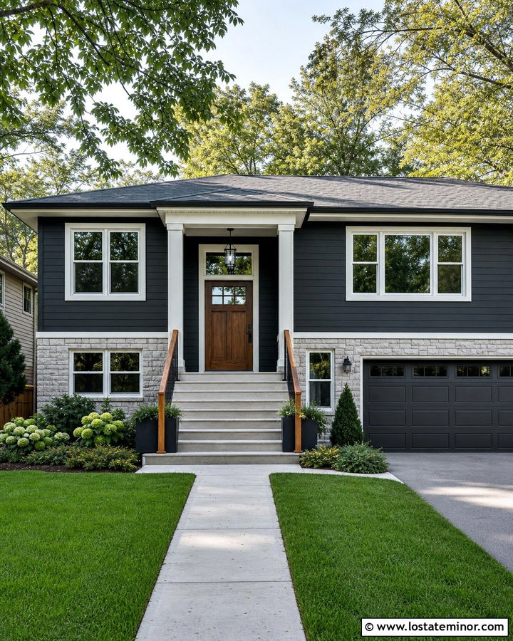 Charcoal Gray Split Level With Double Porch Columns - 30 Charcoal Grey House Design With Porch Columns Ideas