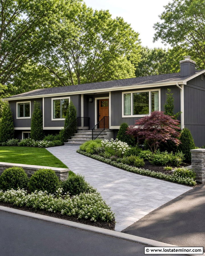 Charcoal Gray Split Level With Layered Landscaping - 30 Charcoal Grey House Design With Landscaping Ideas