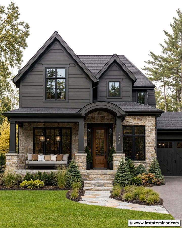 Charcoal Gray Stone House With Gray Daybed - 30 Charcoal Grey House Design With Daybed Ideas