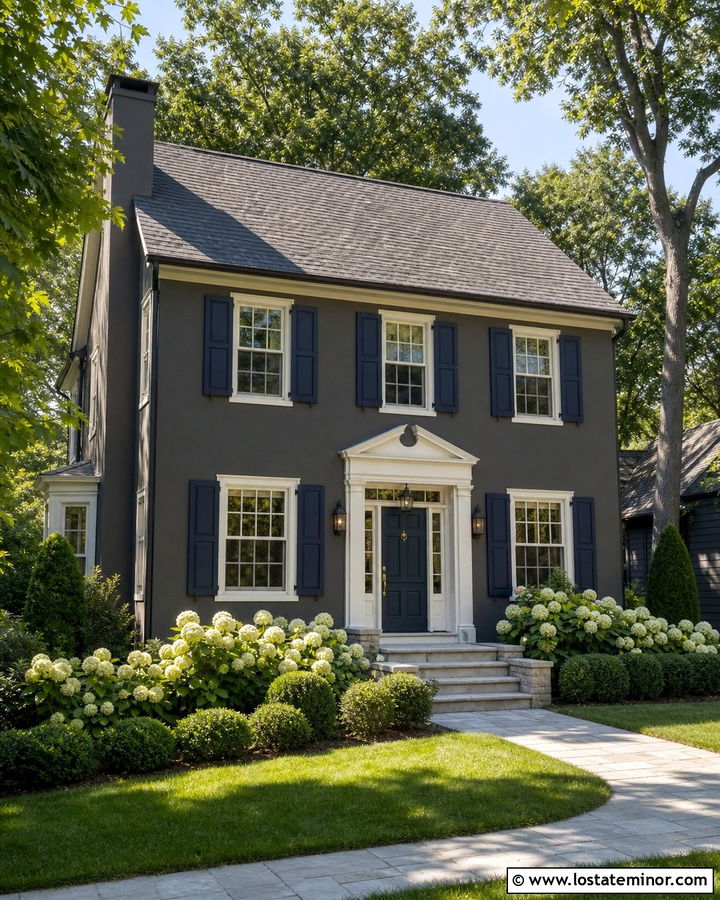 Charcoal Gray Traditional House With Navy Front Door - 30 Charcoal Grey House Design With Front Door Ideas