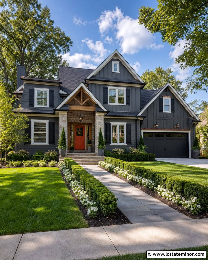 Charcoal Gray Transitional House With Bright Red Front Door - 30 Charcoal Grey House Design With Front Door Ideas