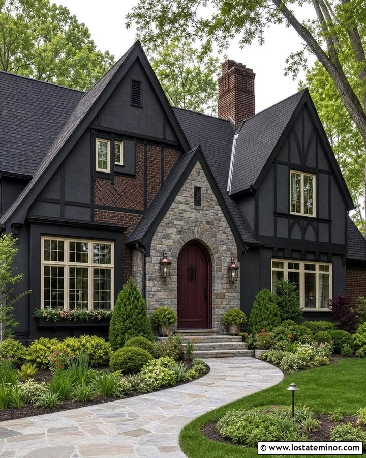 Charcoal Gray Tudor House With Burgundy Front Door - 30 Charcoal Grey House Design With Front Door Ideas