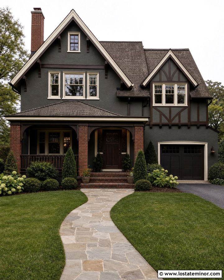 Charcoal Gray Tudor With Brick Porch Columns - 30 Charcoal Grey House Design With Porch Columns Ideas