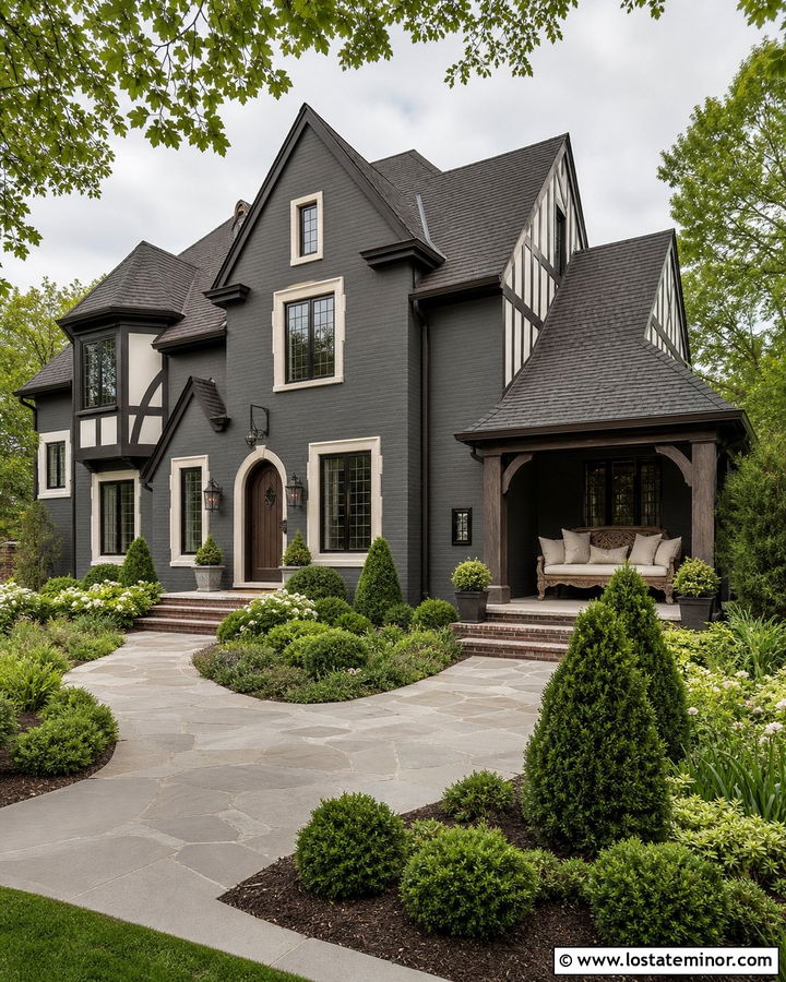 Charcoal Gray Tudor With Carved Wood Daybed - 30 Charcoal Grey House Design With Daybed Ideas