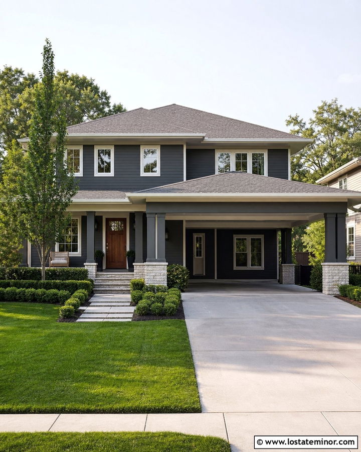 Charcoal Gray Two Story House With Carport - 30 Charcoal Grey House Design With Carport Ideas