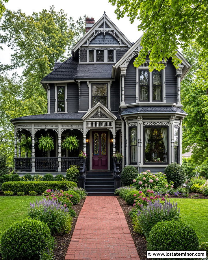 Charcoal Gray Victorian House With Plum Front Door - 30 Charcoal Grey House Design With Front Door Ideas