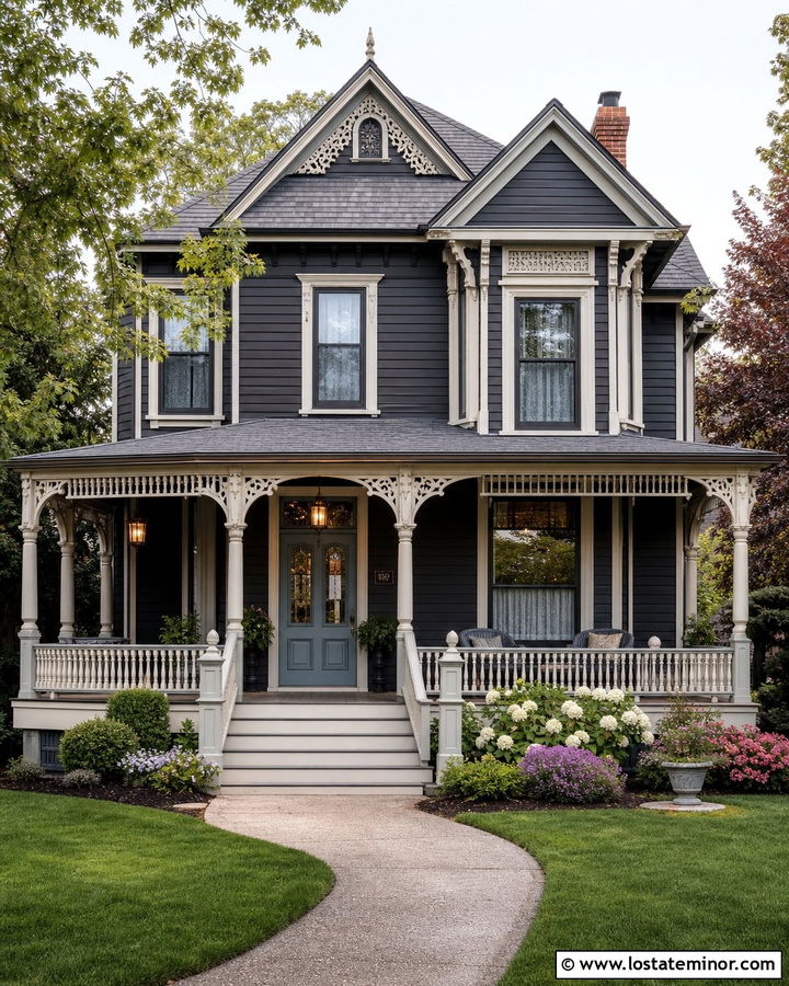 Charcoal Gray Victorian With Decorative Porch Columns - 30 Charcoal Grey House Design With Porch Columns Ideas