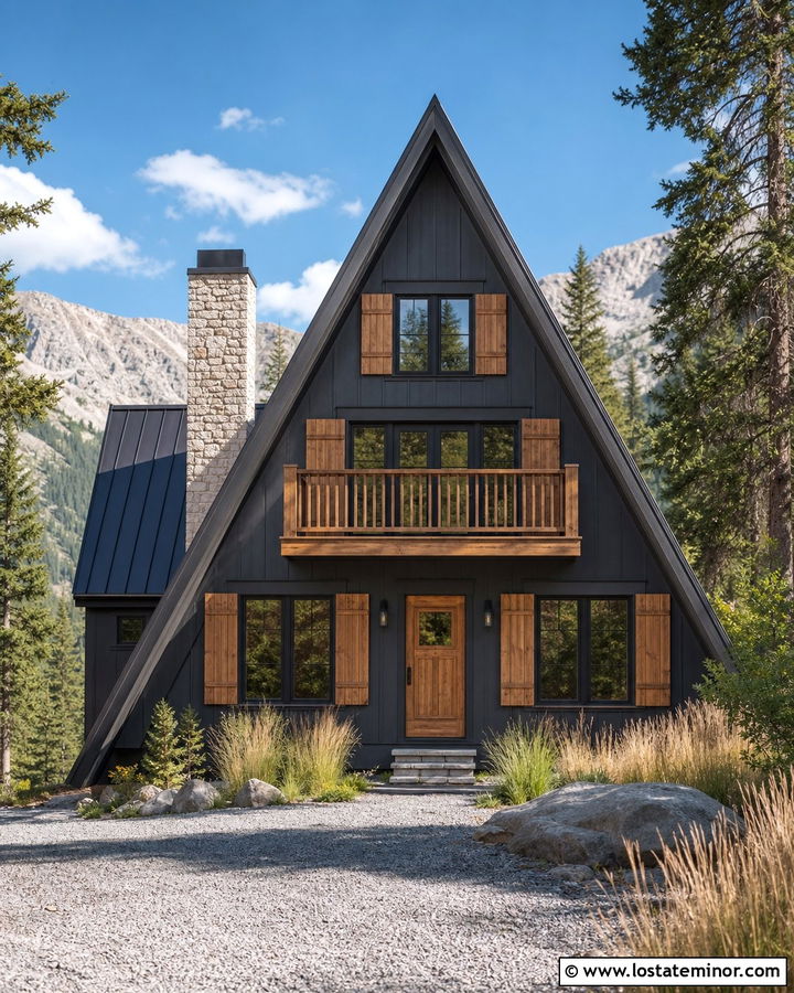 Charcoal Grey A Frame With Cedar Shutters - 30 Charcoal Grey House Design With Shutters Ideas