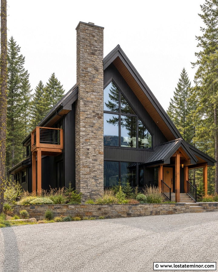 Charcoal Grey A Frame With Tall Stone Chimney - 30 Charcoal Grey House Design With Chimney Ideas