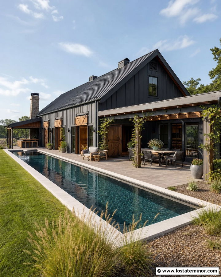 Charcoal Grey Barn House With Lap Pool - 30 Charcoal Grey House Design With Swimming Pool Ideas