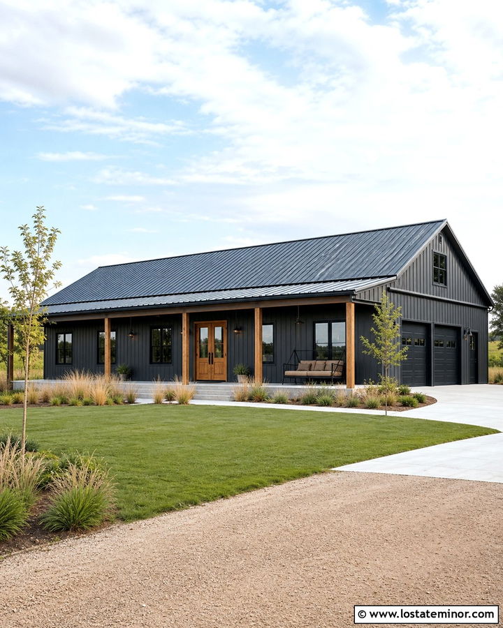 Charcoal Grey Barndominium With Metal Swing - 30 Charcoal Grey House Design With Swing Ideas