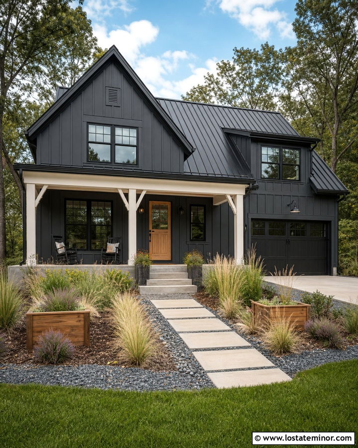 Charcoal Grey Board And Batten House With Cedar Dutch Door - 30 Charcoal Grey House Design With Dutch Door Ideas