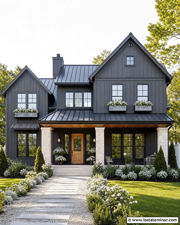 Charcoal Grey Board And Batten House With Metal Window Boxes - 30 Charcoal Grey House Design With Window Boxes Ideas