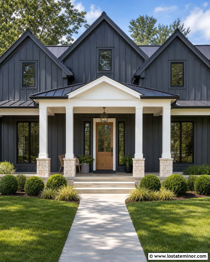 Charcoal Grey Board And Batten House With Portico - 30 Charcoal Grey House Design With Portico Ideas