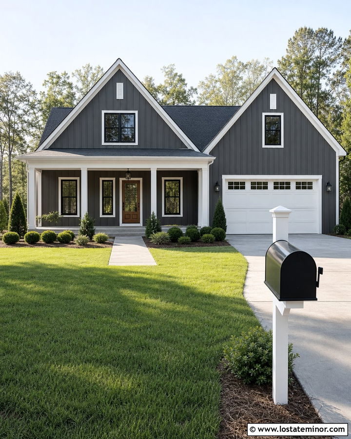 Charcoal Grey Board And Batten House With White Mailbox - 30 Charcoal Grey House Design With Mailbox Ideas