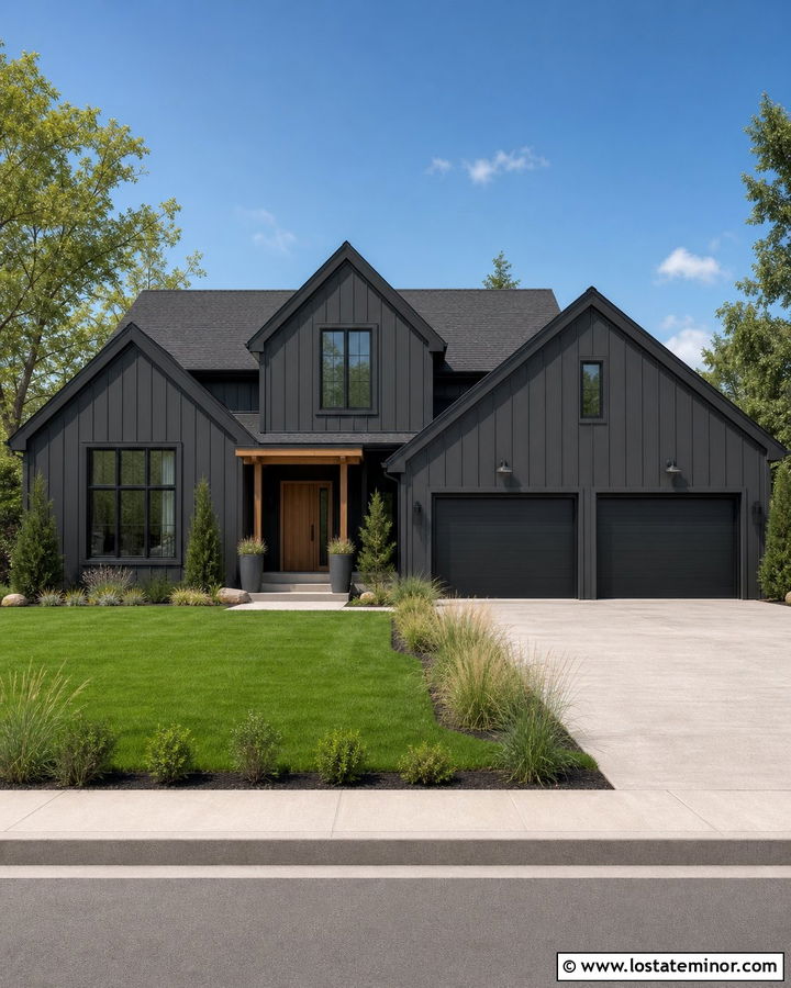 Charcoal Grey Board And Batten With A Black Garage Door - 30 Charcoal Grey House Design With Board and Batten Ideas