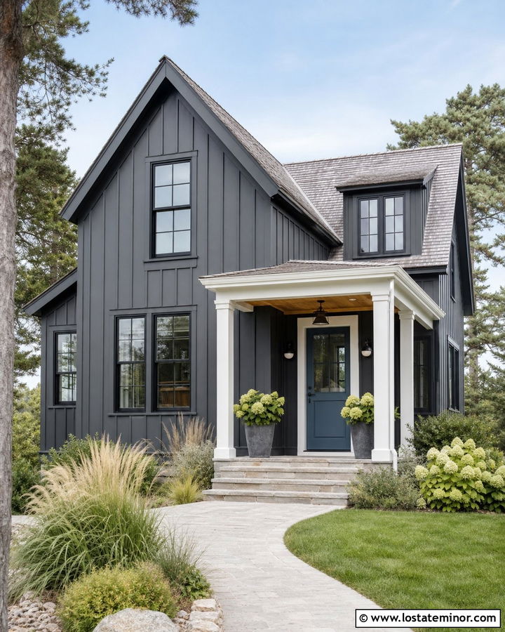 Charcoal Grey Board And Batten With A Blue Front Door - 30 Charcoal Grey House Design With Board and Batten Ideas
