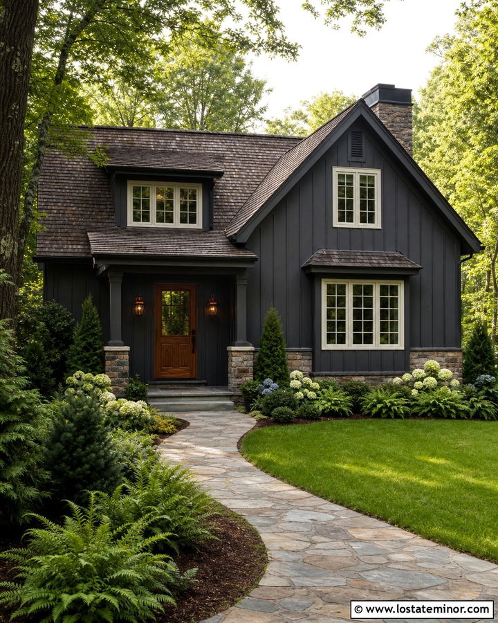 Charcoal Grey Board And Batten With A Brown Roof - 30 Charcoal Grey House Design With Board and Batten Ideas