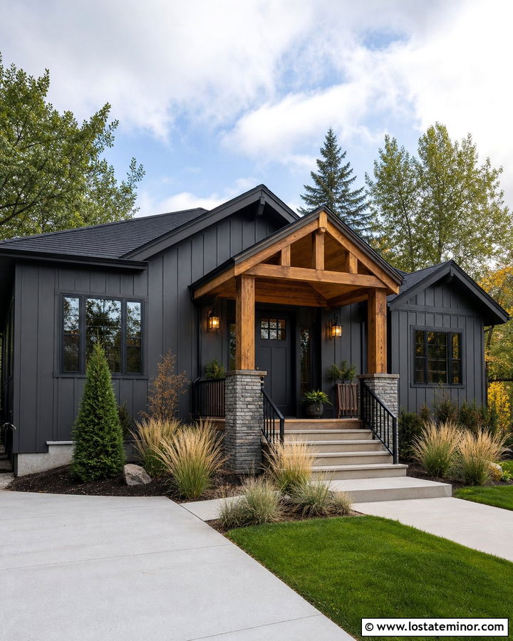 Charcoal Grey Board And Batten With A Cedar Porch - 30 Charcoal Grey House Design With Board and Batten Ideas