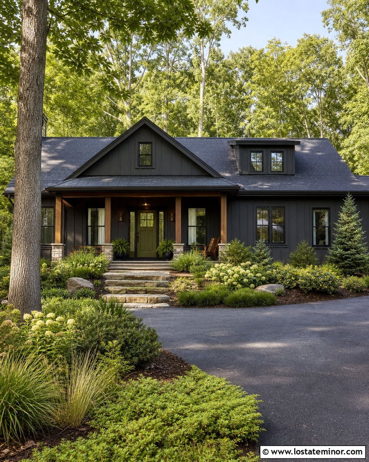 Charcoal Grey Board And Batten With A Green Front Door - 30 Charcoal Grey House Design With Board and Batten Ideas