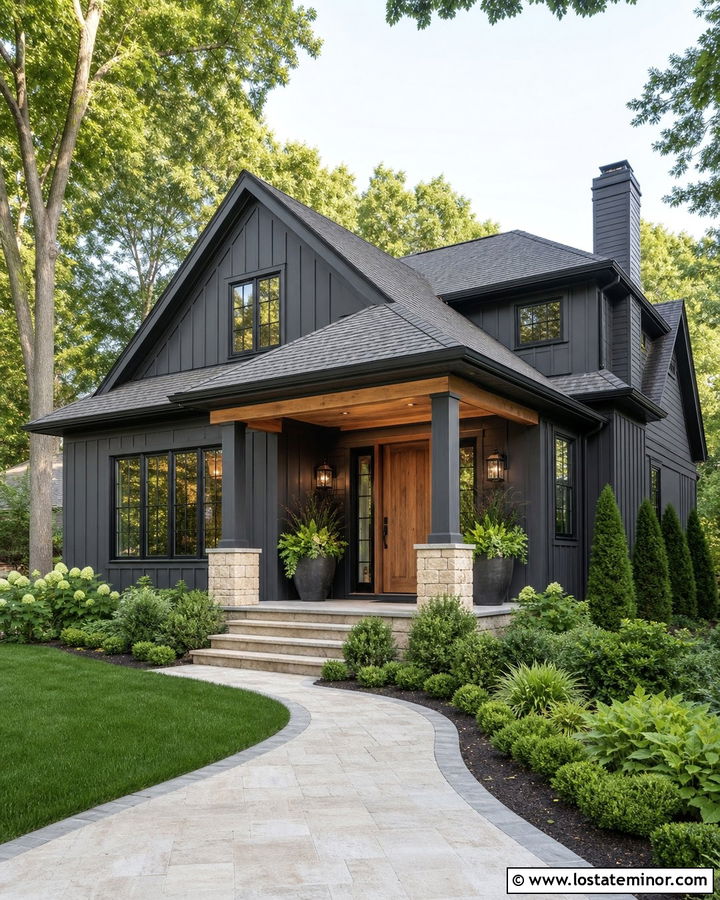 Charcoal Grey Board And Batten With A Natural Wood Door - 30 Charcoal Grey House Design With Board and Batten Ideas
