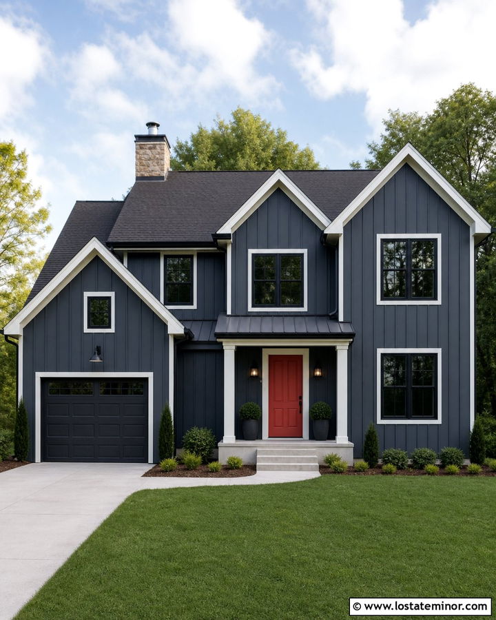 Charcoal Grey Board And Batten With A Red Front Door - 30 Charcoal Grey House Design With Board and Batten Ideas