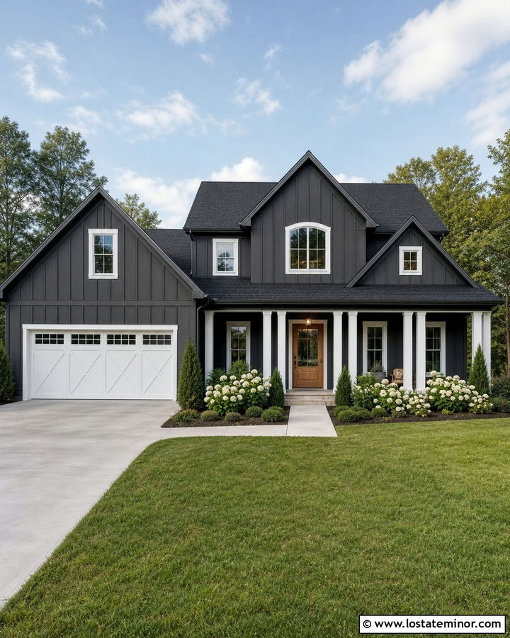 Charcoal Grey Board And Batten With A White Garage Door - 30 Charcoal Grey House Design With Board and Batten Ideas