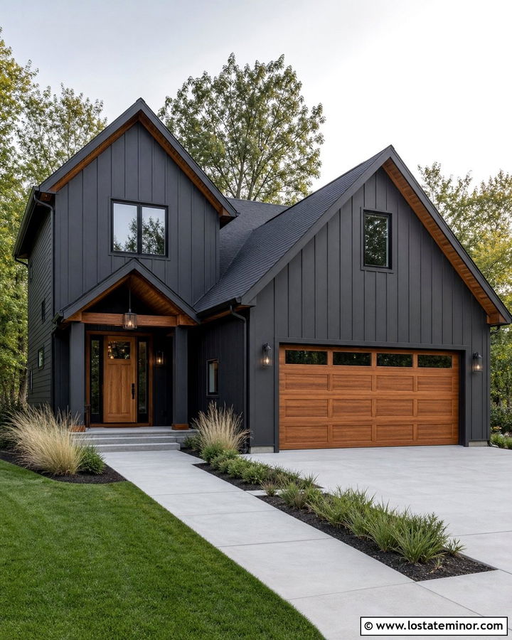 Charcoal Grey Board And Batten With A Wood Garage Door - 30 Charcoal Grey House Design With Board and Batten Ideas