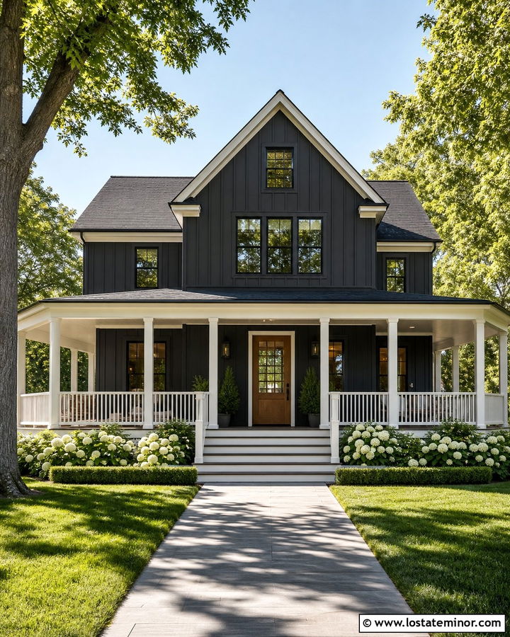Charcoal Grey Board And Batten With A Wraparound Porch - 30 Charcoal Grey House Design With Board and Batten Ideas