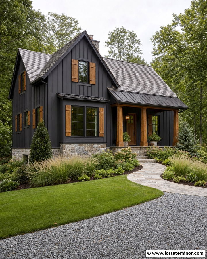 Charcoal Grey Board And Batten With Cedar Shutters - 30 Charcoal Grey House Design With Board and Batten Ideas