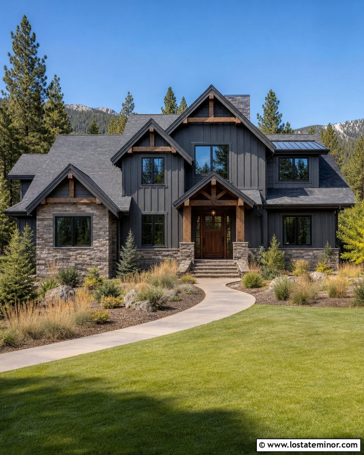 Charcoal Grey Board And Batten With Stone Veneer - 30 Charcoal Grey House Design With Board and Batten Ideas