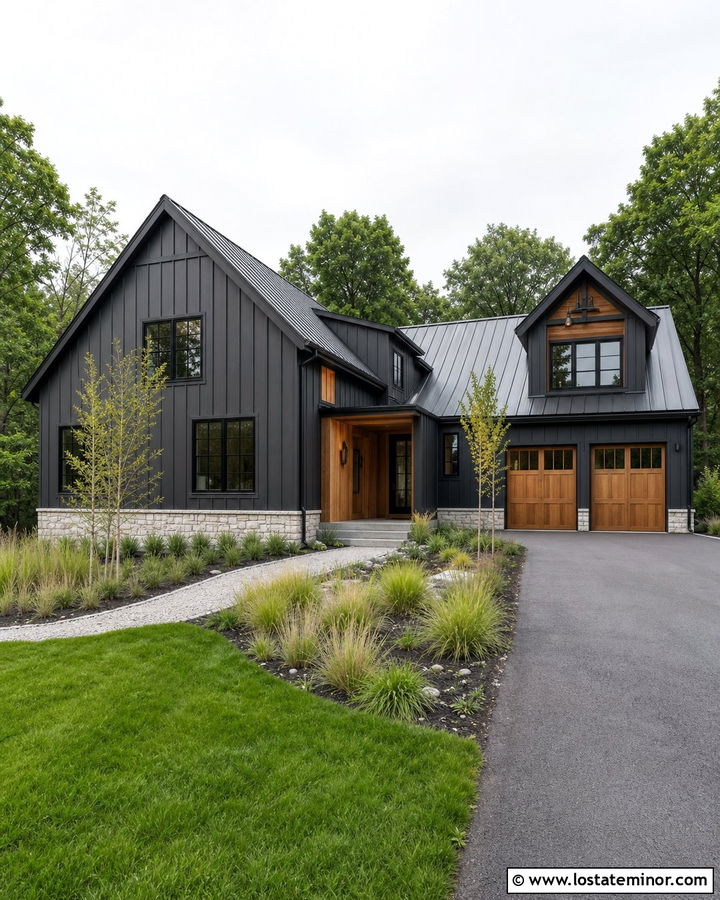 Charcoal Grey Board And Batten With Wood Accents - 30 Charcoal Grey House Design With Accents Ideas
