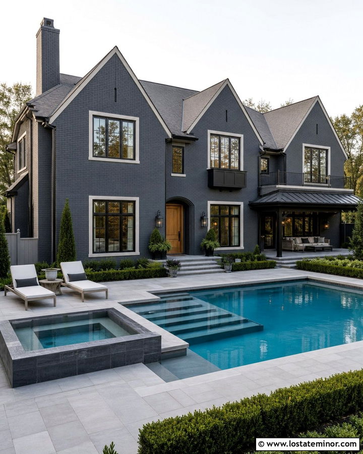 Charcoal Grey Brick House With Geometric Pool - 30 Charcoal Grey House Design With Swimming Pool Ideas