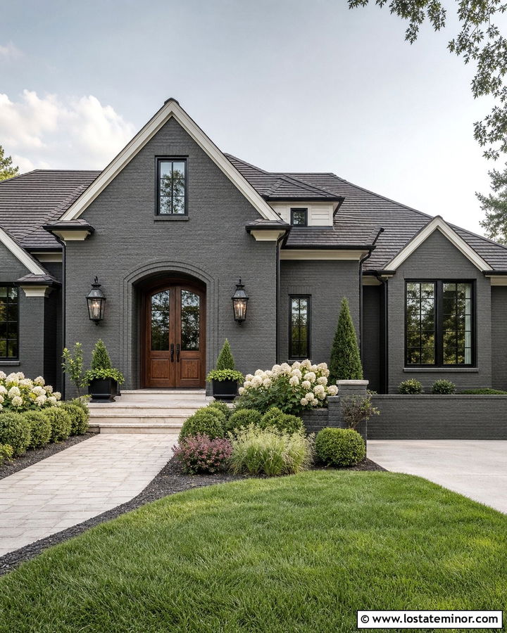 Charcoal Grey Brick House With Oversized Lanterns - 30 Charcoal Grey House Design With Light Fixtures Ideas