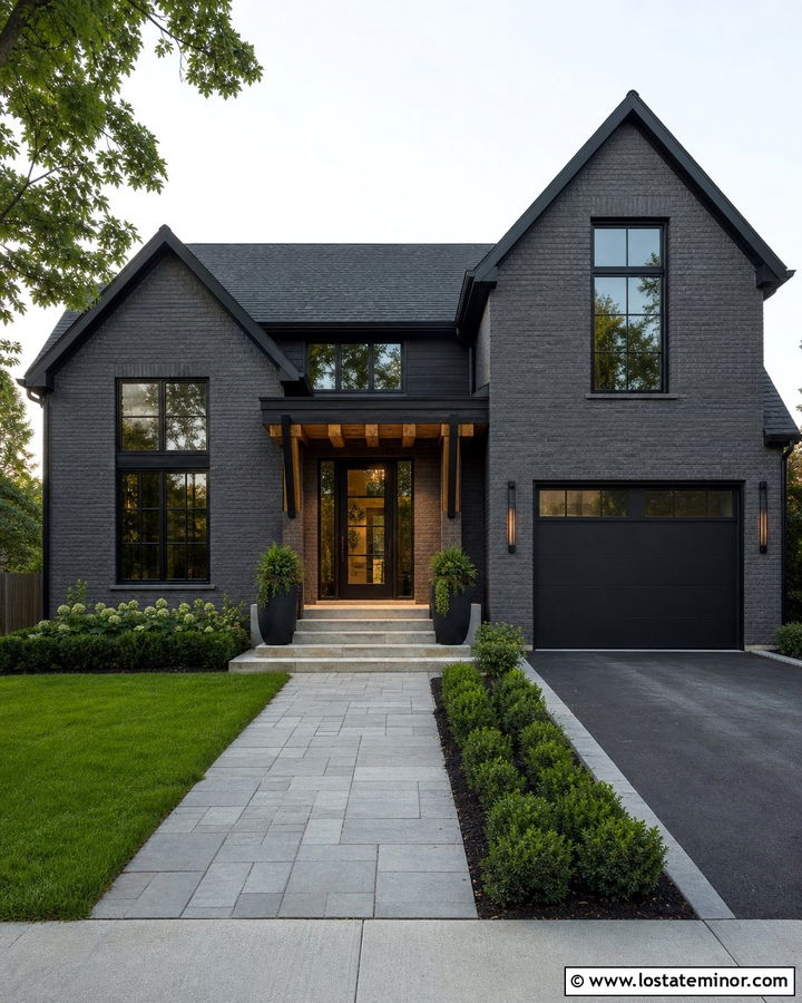 Charcoal Grey Brick House With Steel And Wood Awning - 30 Charcoal Grey House Design With Awning Ideas