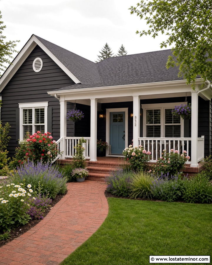 Charcoal Grey Bungalow With Cottage Garden - 30 Charcoal Grey House Design With Front Yard Ideas