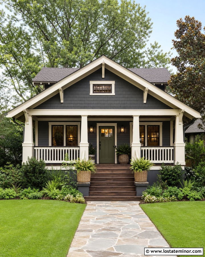 Charcoal Grey Bungalow With Dark Wood Front Porch - 30 Charcoal Grey House Design With Front Porch Ideas