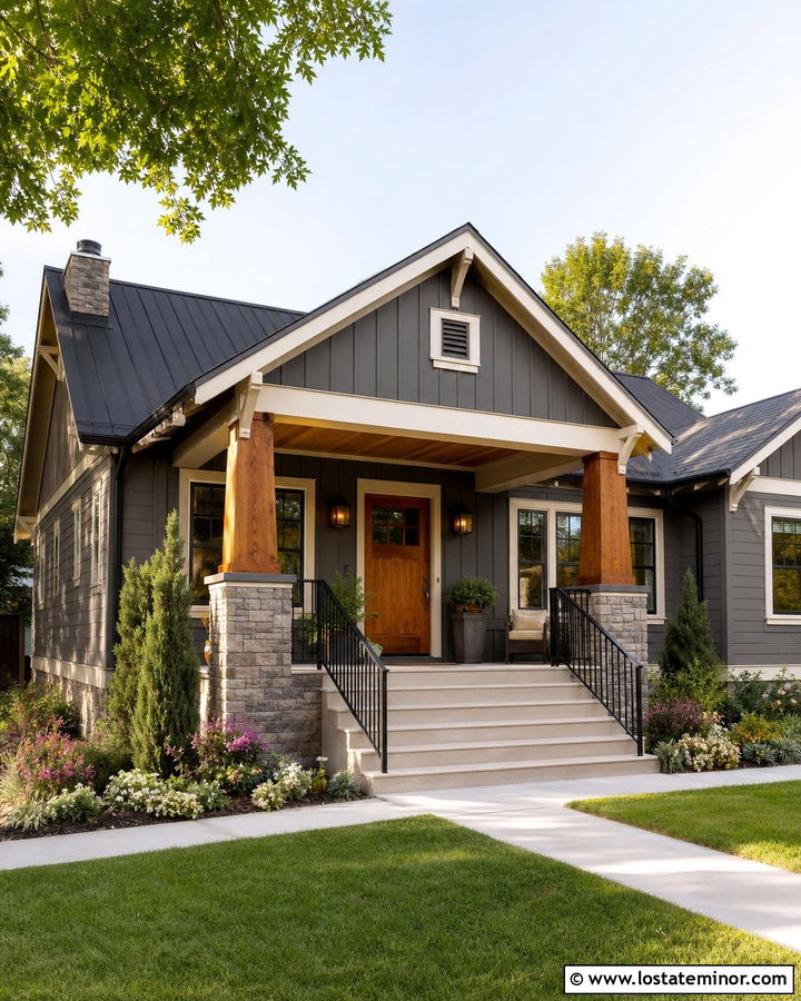 Charcoal Grey Bungalow With Metal Roof Portico - 30 Charcoal Grey House Design With Portico Ideas
