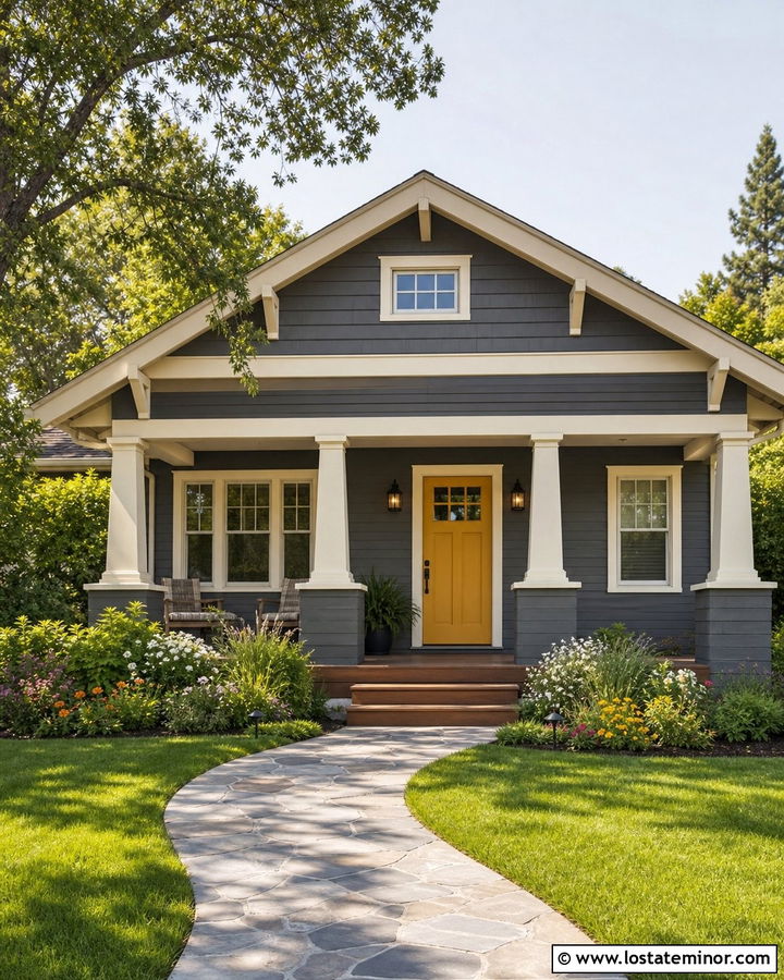 Charcoal Grey Bungalow With Mustard Front Door - 30 Charcoal Grey House Design With Front Porch Ideas