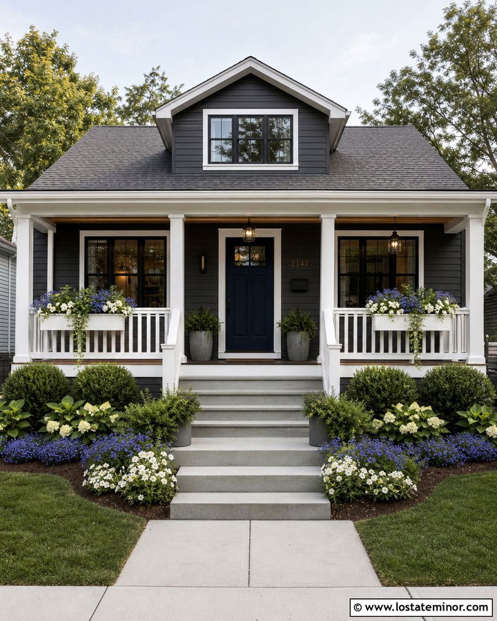 Charcoal Grey Bungalow With Navy Door And White Window Boxes - 30 Charcoal Grey House Design With Window Boxes Ideas