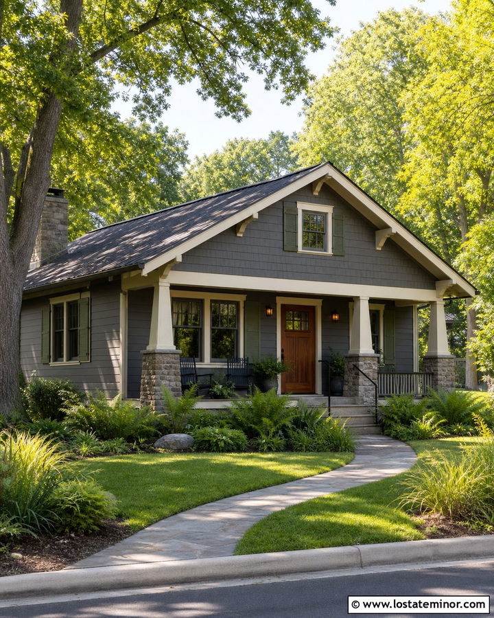 Charcoal Grey Bungalow With Olive Green Shutters - 30 Charcoal Grey House Design With Shutters Ideas