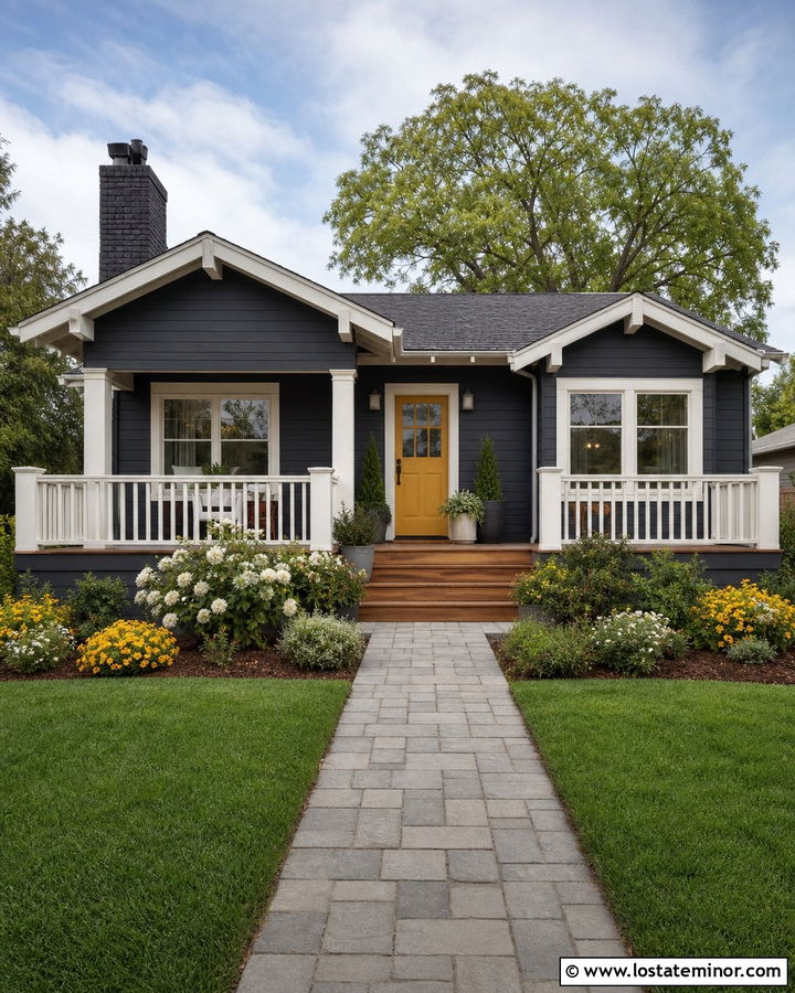 Charcoal Grey Bungalow With Painted Brick Chimney - 30 Charcoal Grey House Design With Chimney Ideas