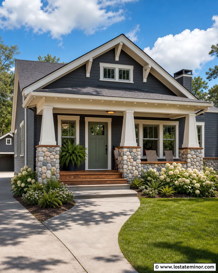 Charcoal Grey Bungalow With River Rock Wainscoting - 30 Charcoal Grey House Design With Wainscoting Ideas