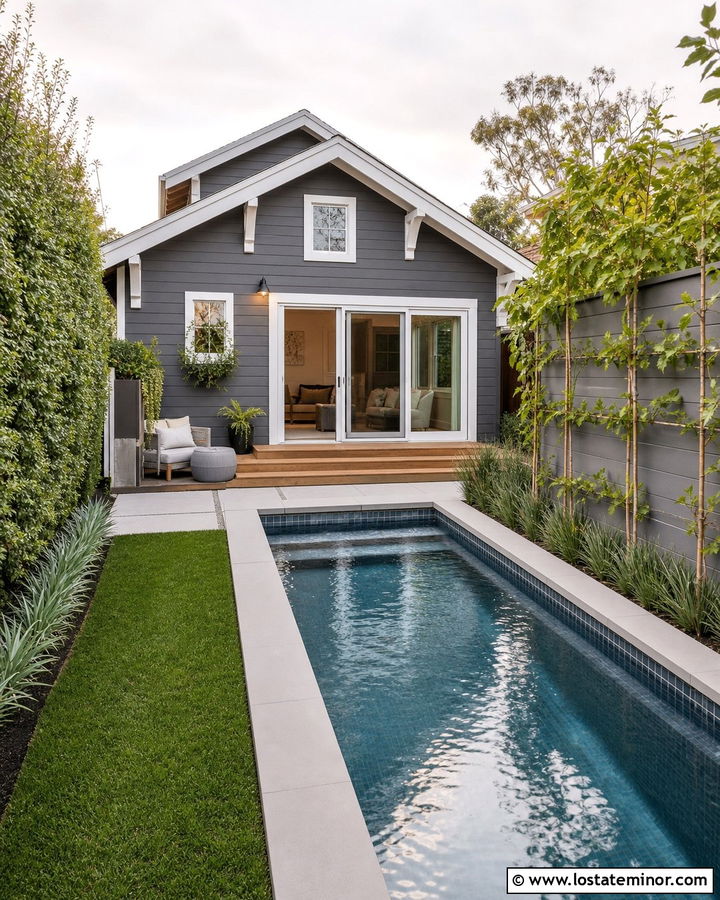 Charcoal Grey Bungalow With Small Backyard Pool - 30 Charcoal Grey House Design With Swimming Pool Ideas
